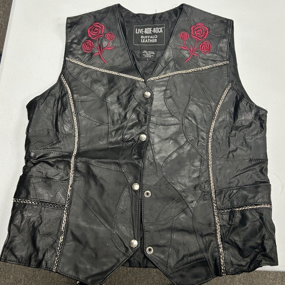 Live-Ride-Rock Leather Vest Womens Large Black Rose Patchwork Biker Braided Trim